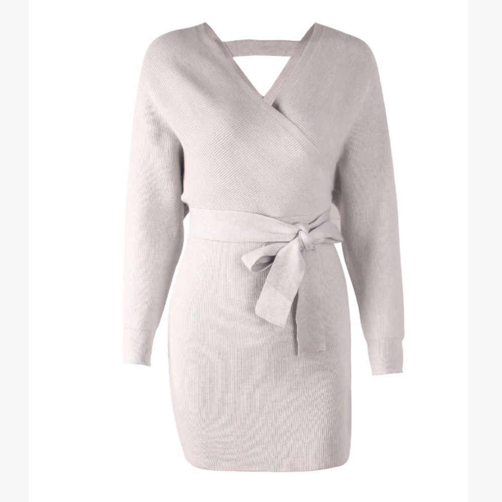 🔥🔥Sexy and Cozy Grey V Neck Sweater Dress - Picture 4 of 8